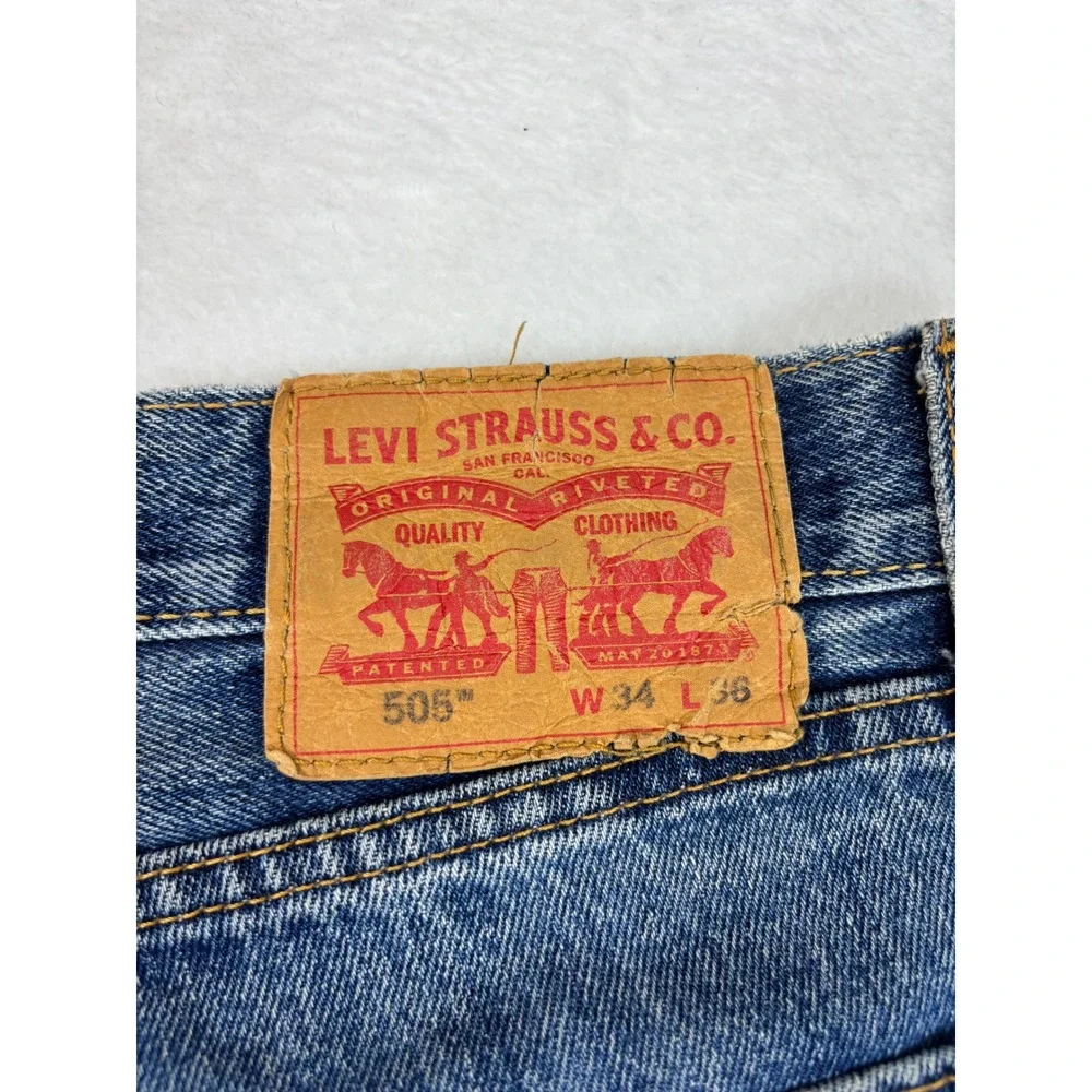 Levis 505 Mens 34x36 Jeans Grungy Medium Blue Washed Denim Distressed True Fade